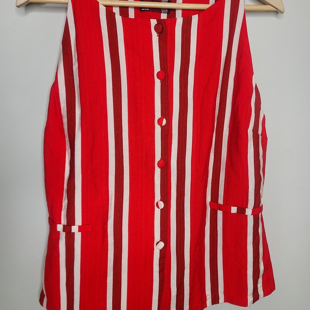 Lulumari  Anthropologie Top Vertical Striped Red White Vest Shirt Luxe XL - Picture 3 of 6